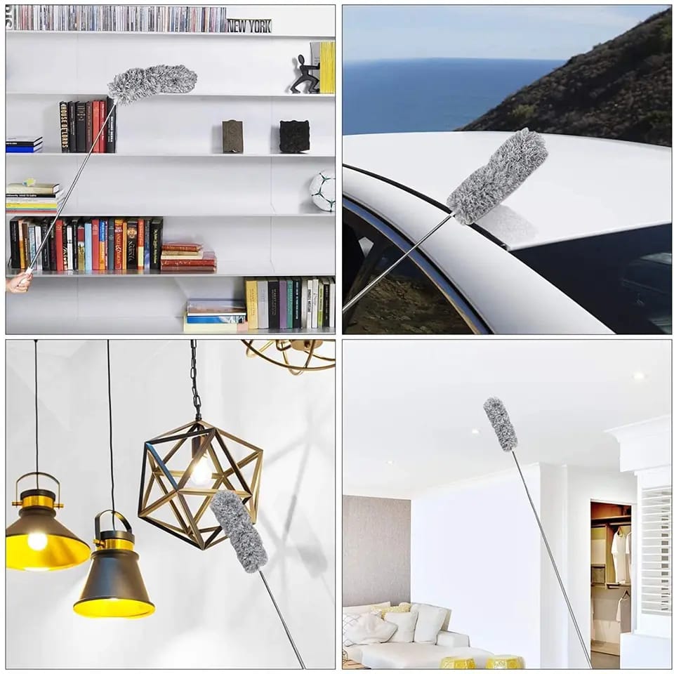 Collage of a cleaning tool used on various surfaces including books, car, pendant lights, and interior decor.