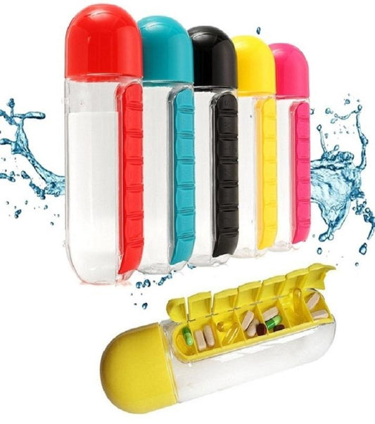2-in-1 Medicine Organizer with Water Bottle – 7 Days Pill Box,