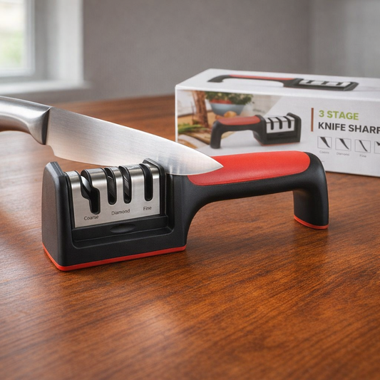 Professional 3-Stage Kitchen Knife Sharpener | Manual Sharpening Tool for Steel & Ceramic Knives | Ergonomic Handle & Non-Slip Base for Effortless Grip