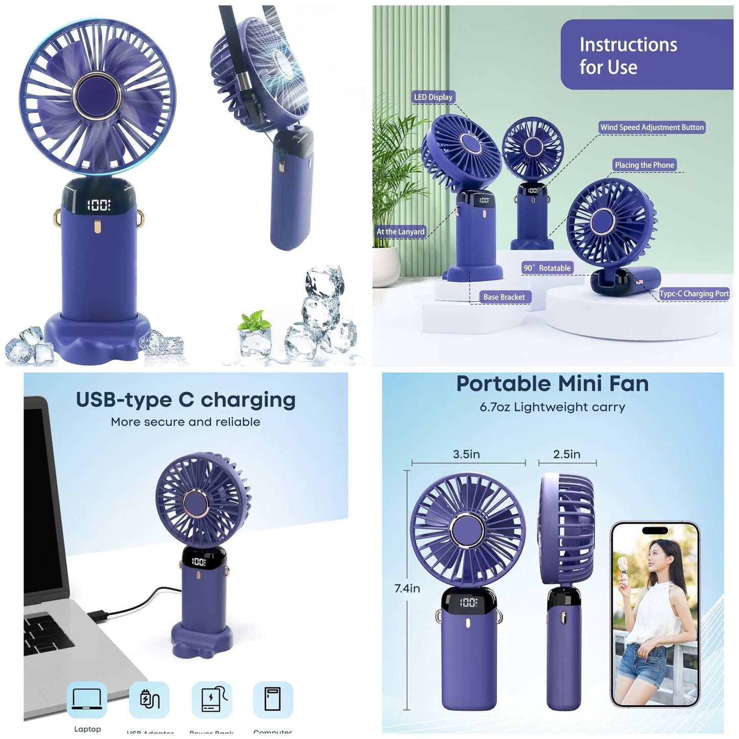 Digital Display Portable Mini Fan – 5-in-1 Multipurpose USB-C Rechargeable Handheld Fan - With Cable (Random Color)
